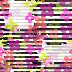 Materiał do szycia Seamless pattern abstract floral design. Striped background with geometric flowers and watercolor effect. Textile print for bed linen, jacket, package design, fabric and fashion concepts.