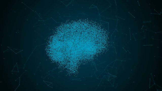 The human brain in the form of particles and plexus. Abstract geometric background with moving lines, dots and triangles. Plexus fantasy abstract technology. Loop animations