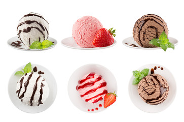 Ice cream scoops set of six different colors, decorated chocolate sauce, mint, strawberry. Isolated on white background.