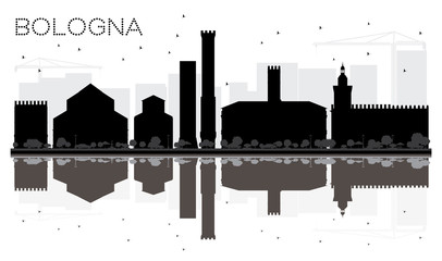 Bologna City skyline black and white silhouette with Reflections. © BooblGum
