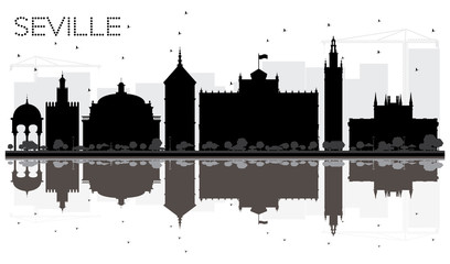 Naklejka premium Seville City skyline black and white silhouette with reflections.