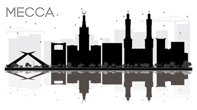 Mecca City skyline black and white silhouette with reflections.