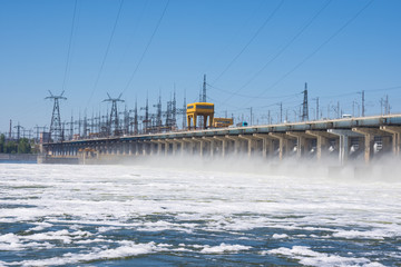 Fototapeta na wymiar Volgograd. Russia - 16 April 2017. The dam of the Volga hydroelectric water discharge