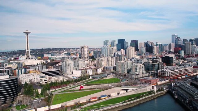 Seattle Aerial v98 Flying over downtown waterfront area with cityscape views 4/17