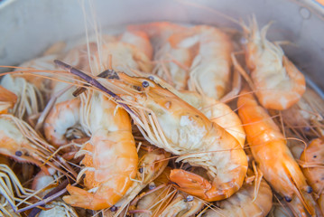 Many Orange Boiled shrimp in a pot .