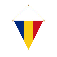 Romanian triangle flag hanging, vector illustration