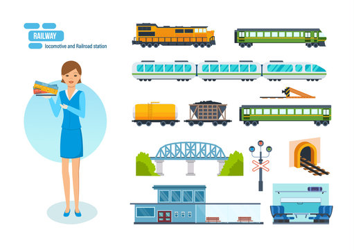 Railway locomotives, passengers wagons, speed trains, railroad station, transport carriage.