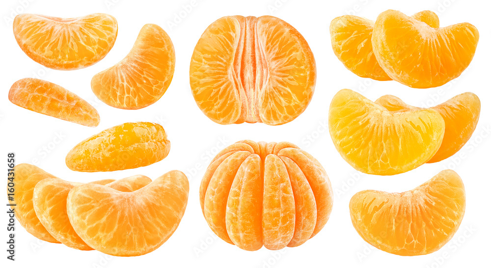 Aufkleber isolated citrus segments. collection of tangerine, orange and other citrus fruits peeled segments is