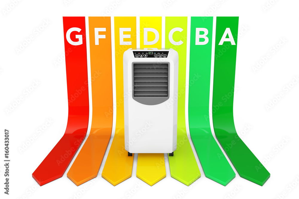Poster modern mobile conditioner over energy efficiency rating chart. 3d rendering