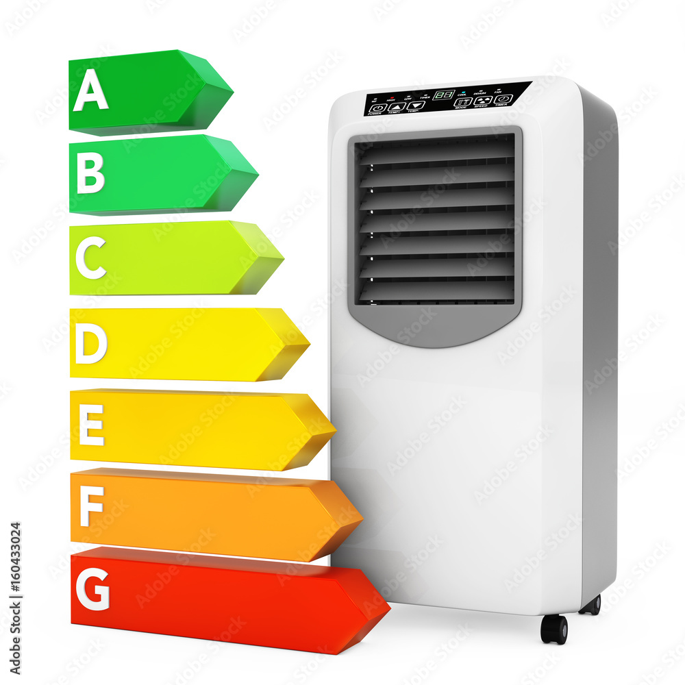 Poster modern mobile conditioner near energy efficiency rating chart. 3d rendering
