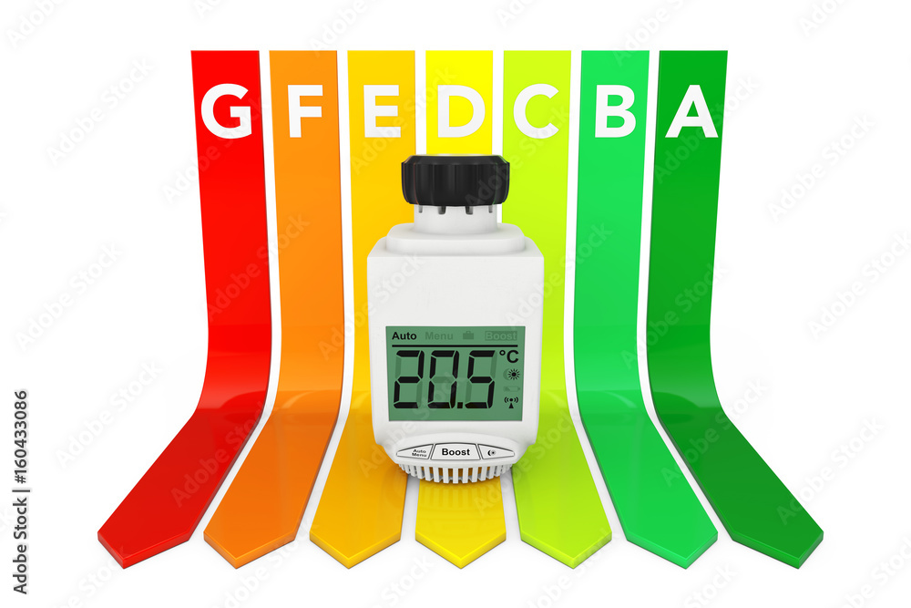 Poster digital wireless radiator thermostatic valve over energy efficiency rating chart. 3d rendering