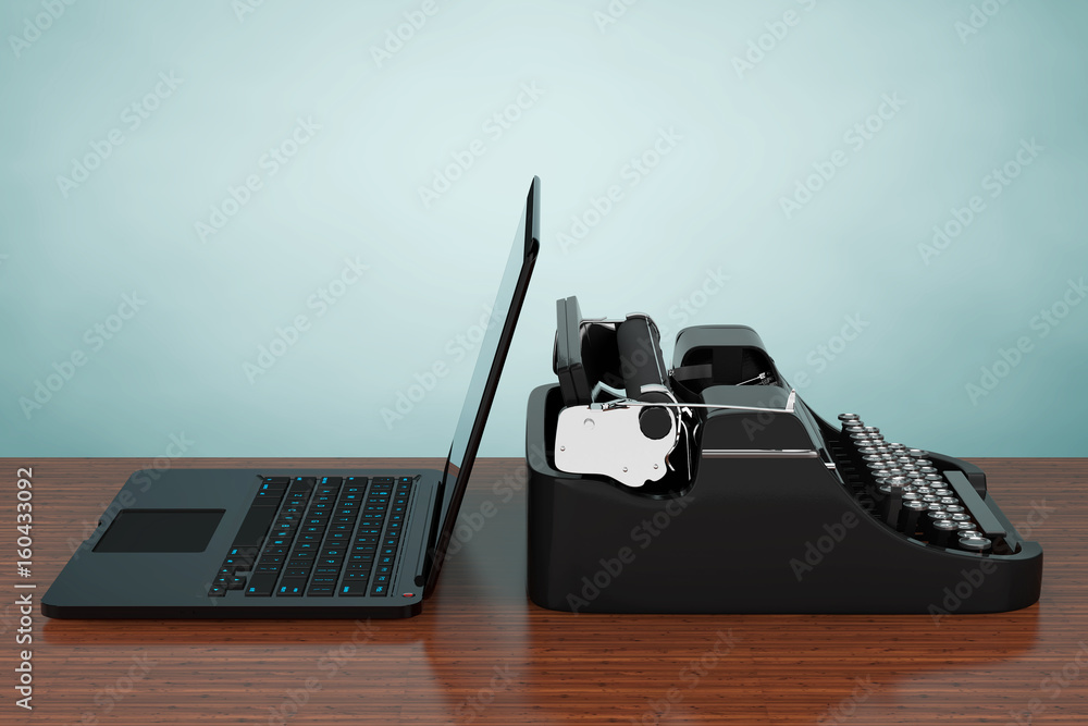 Poster modern laptop computer with antique typewriter. 3d rendering