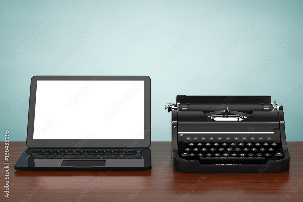 Poster modern laptop computer with antique typewriter. 3d rendering