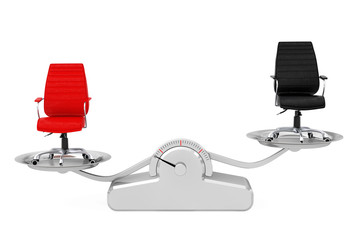 Red and Black Leather Boss Office Chairs Balancing on a Simple Weighting Scale. 3d Rendering