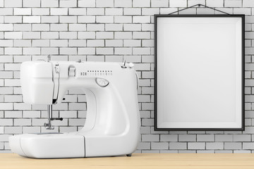 Modern White Sewing Machine in front of Brick Wall with Blank Frame. 3d Rendering