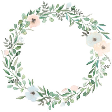 Flowers set. Beautiful wreath. Elegant floral collection with isolated blue,pink leaves and flowers, hand drawn watercolor. Design for invitation, wedding or greeting cards