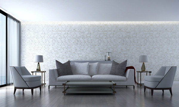 The luxury living room and lounge area and brick wall texture
