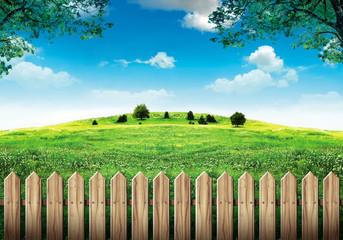 Obraz premium Wooden fence in green meadow