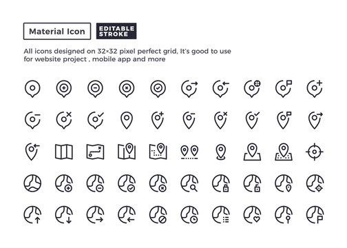 Map and Location Icon.Material Outline Icons set for website and mobile app ,Pixel perfect icon, Editable Stroke.