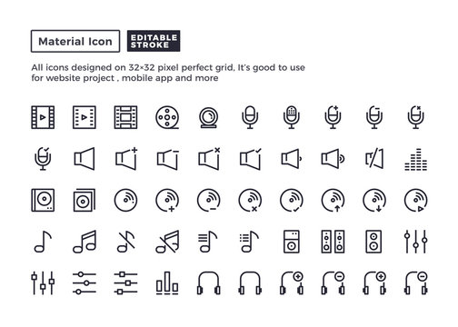 Music and Sound Icon.Material Outline Icons set for website and mobile app ,Pixel perfect icon, Editable Stroke.