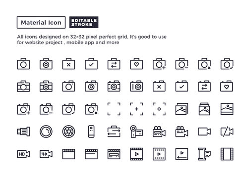 Camera and Photography Icon.Material Outline Icons set for website and mobile app ,Pixel perfect icon, Editable Stroke.
