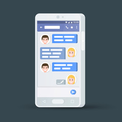 White 3d mobile phone. Message exchange. Social network concept. Messenger window. Chating and messaging concept. Blue chat boxes. Vector illustration.