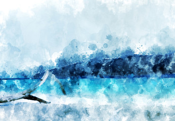 Fototapeta premium Sand beach at the island, blue water in the sea, digital watercolor painting