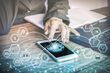 technology connection concept background , business woman hand touching screen of smart phone 
