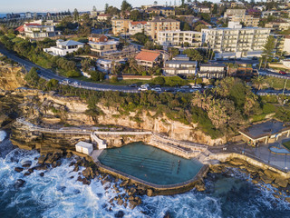 Aerial view of Bronte rock pool with Bronte residential at the back