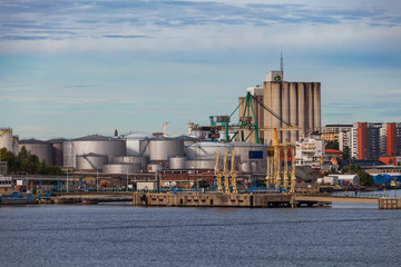 Fototapeta premium STOCKHOLM, SWEDEN - SEPTEMBER, 15, 2016: Oil loading and discharging terminal in industrial sea port