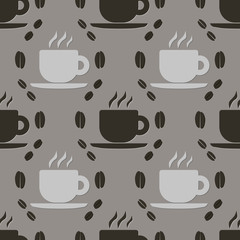 Cups and coffee beans. Food and drink pattern. Vector illustration. Wallpaper, print packaging, textiles. Vector seamless background