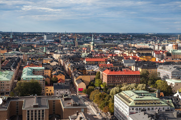 Fototapeta na wymiar STOCKHOLM, SWEDEN - SEPTEMBER, 16, 2016: Aerial view on central part of city from mall tower
