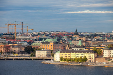 STOCKHOLM, SWEDEN - SEPTEMBER 16, 2016: Aerial view of central part of old town with embankment.