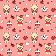 Seamless pattern of kittens and cupcake.