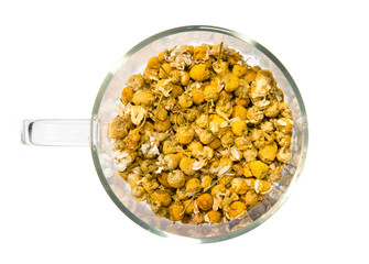  Chamomile herb in glass top view