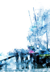 Fishing boat in sea on white background