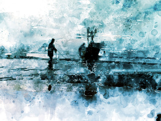 Fishing boat in sea on white background, digital watercolor painting