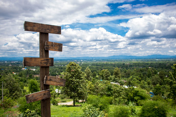 Blank sign with green and sky forest.