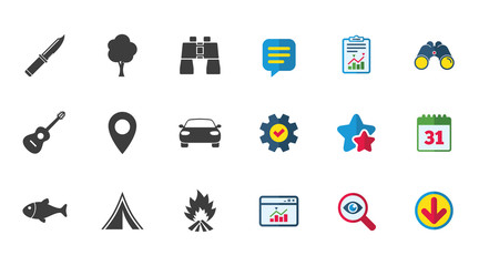 Camping, tourism icons. Fishing, guitar music.