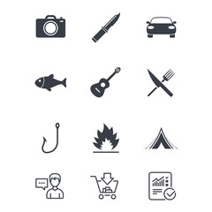 Camping travel icons. Fishing, tourist tent.