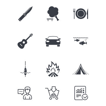 Hike trip, camping icons. Fishing, tourist tent.