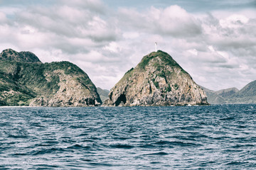 Fototapeta na wymiar from a boat in beautiful panorama coastline sea and rock