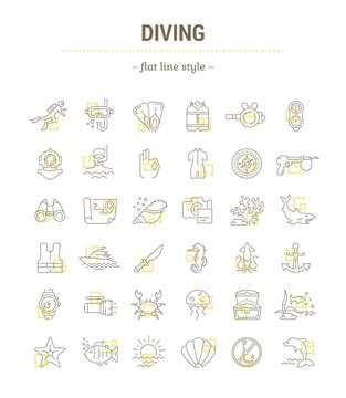 Vector graphic set.Isolated Icons in flat, contour, thin, minimal and linear desine.Diving.Extreme swimming sports infographic.Diving equipment.Concept illustration for Web site.Sign,symbol, element.