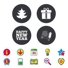 Happy new year sign. Christmas tree and gift box.