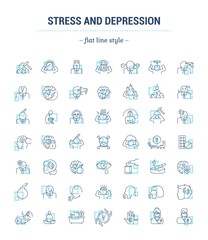 Vector graphic set.Isolated Icons in flat, contour, thin, minimal and linear design.Depression.Emotional disorder of the human condition.Concept illustration for Web site.Sign,symbol, element.