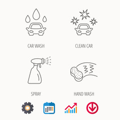 Car wash icons. Automatic cleaning station linear signs. Hand wash, sponge and spray flat line icons. Calendar, Graph chart and Cogwheel signs. Download colored web icon. Vector