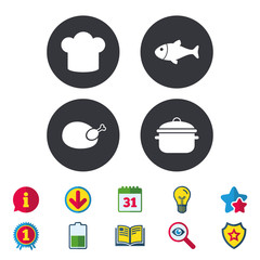 Chief hat, cooking pan icons. Fish and chicken.