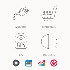Motor oil, passing fog lights and gps icons. Heated seats linear sign. Calendar, Graph chart and Cogwheel signs. Download colored web icon. Vector