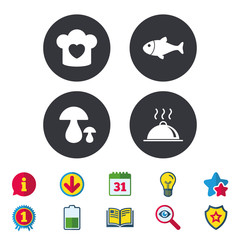 Chief hat, cooking pan icons. Fish and mushrooms.