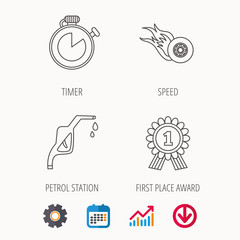 Winner award, petrol station and speed icons. Race timer linear sign. Calendar, Graph chart and Cogwheel signs. Download colored web icon. Vector